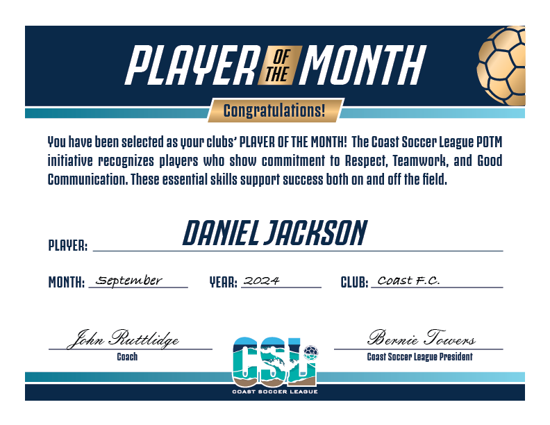 Player Of The Month certificate