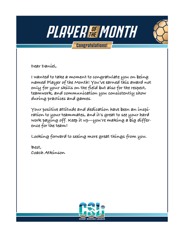 Player Of The Month letter