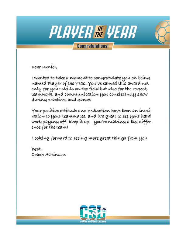 Player Of The Month letter